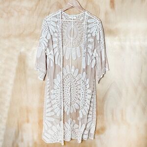 Rebellion Again Sheer Lace Duster Open Front Womens L Embroidered Cover-Up Swim